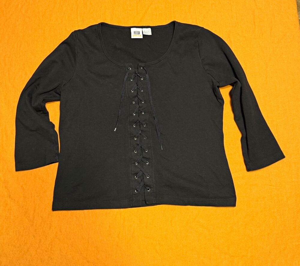 Faded Glory Women’s L Black knit Corset 90s Y2K Witchy Lace-Up 3/4 Sleeve Top